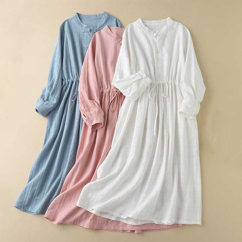 Buddha Stones Retro Solid Color Drawstring Frog-Button Design Long Sleeve Cotton Linen Midi Dress With Pockets - image 26