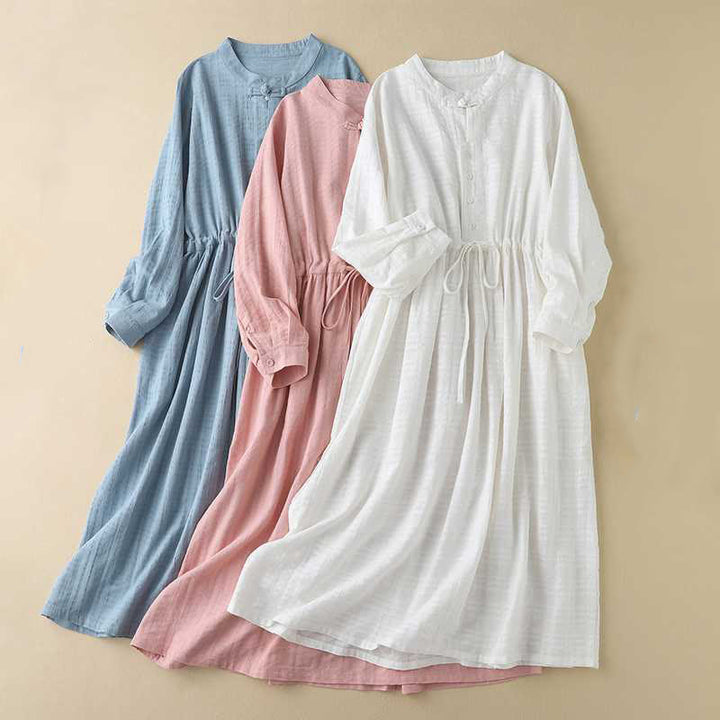 Buddha Stones Retro Solid Color Drawstring Frog-Button Design Long Sleeve Cotton Linen Midi Dress With Pockets - image 26