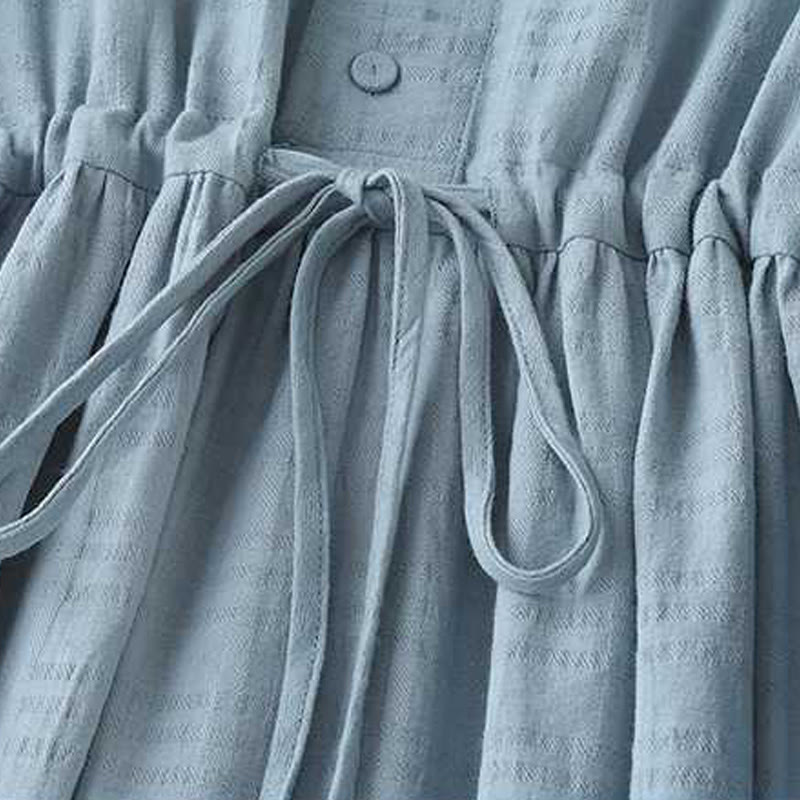 Buddha Stones Retro Solid Color Drawstring Frog-Button Design Long Sleeve Cotton Linen Midi Dress With Pockets - image 5