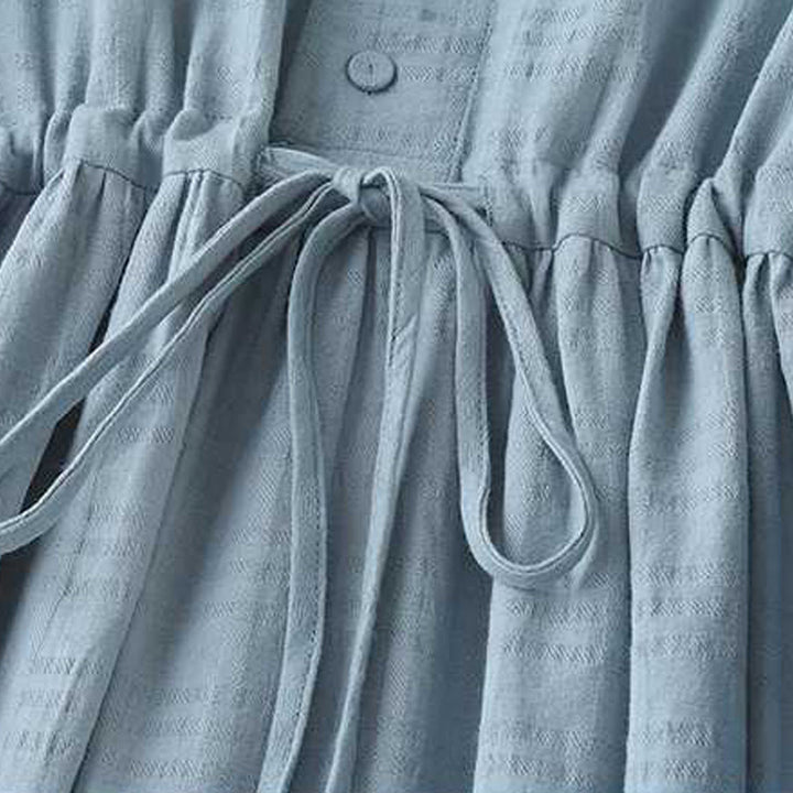 Buddha Stones Retro Solid Color Drawstring Frog-Button Design Long Sleeve Cotton Linen Midi Dress With Pockets - image 5