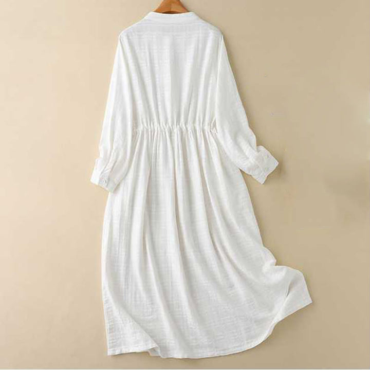 Buddha Stones Retro Solid Color Drawstring Frog-Button Design Long Sleeve Cotton Linen Midi Dress With Pockets - image 8