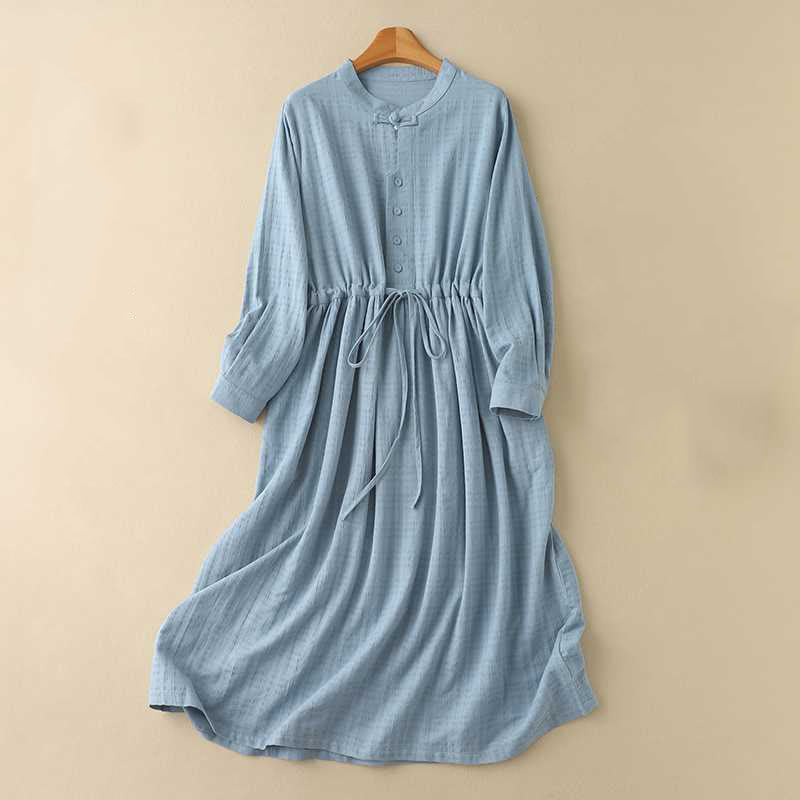 Buddha Stones Retro Solid Color Drawstring Frog-Button Design Long Sleeve Cotton Linen Midi Dress With Pockets - CornflowerBlue - US8-10，UK/AU12-14，EU40-42 (2XL) - image 1
