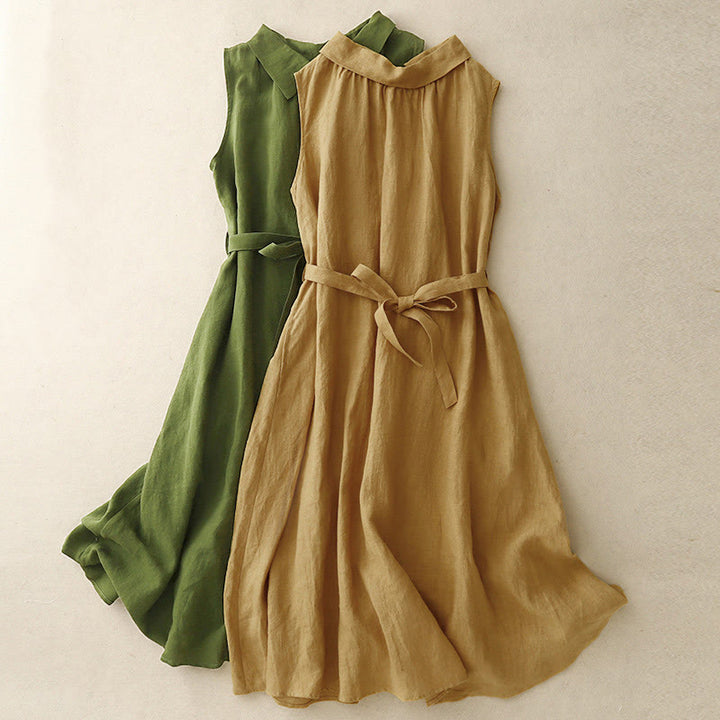Buddha Stones Summer Plain Lace-up Button Front Design Lapel Sleeveless Cotton Midi Dress - image 14