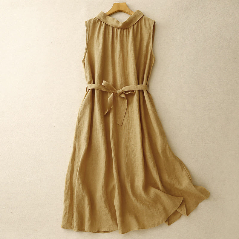 Buddha Stones Summer Plain Lace-up Button Front Design Lapel Sleeveless Cotton Midi Dress Cardigan - image 1