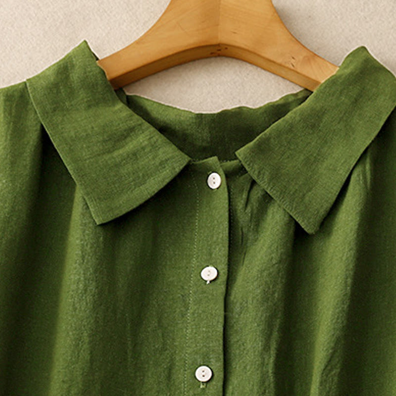 Buddha Stones Summer Plain Lace-up Button Front Design Lapel Sleeveless Cotton Midi Dress - image 9