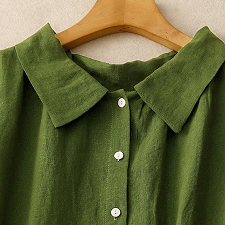 Buddha Stones Summer Plain Lace-up Button Front Design Lapel Sleeveless Cotton Midi Dress - image 9