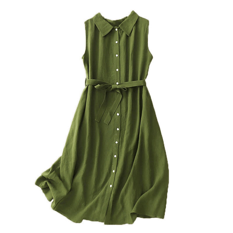 Buddha Stones Summer Plain Lace-up Button Front Design Lapel Sleeveless Cotton Midi Dress Cardigan - image 13