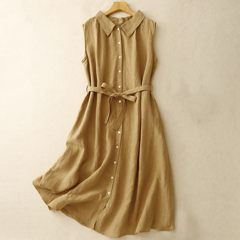 Buddha Stones Summer Plain Lace-up Button Front Design Lapel Sleeveless Cotton Midi Dress - Goldenrod - US12，UK/AU16，EU44 (2XL) - image 0