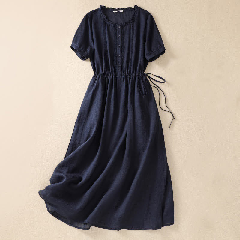 Buddha Stones Summer Daily Ruffle Crew Neck Lace-Up Design Midi Dress With Pockets - MidnightBlue - US8-10，UK/AU12-14，EU40-42 (2XL) - image 10