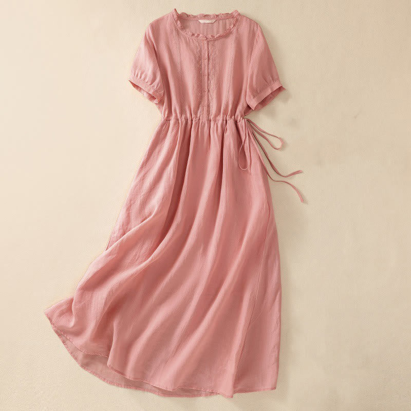 Buddha Stones Summer Daily Ruffle Crew Neck Lace-Up Design Midi Dress With Pockets - DarkSalmon - US8-10，UK/AU12-14，EU40-42 (2XL) - image 1