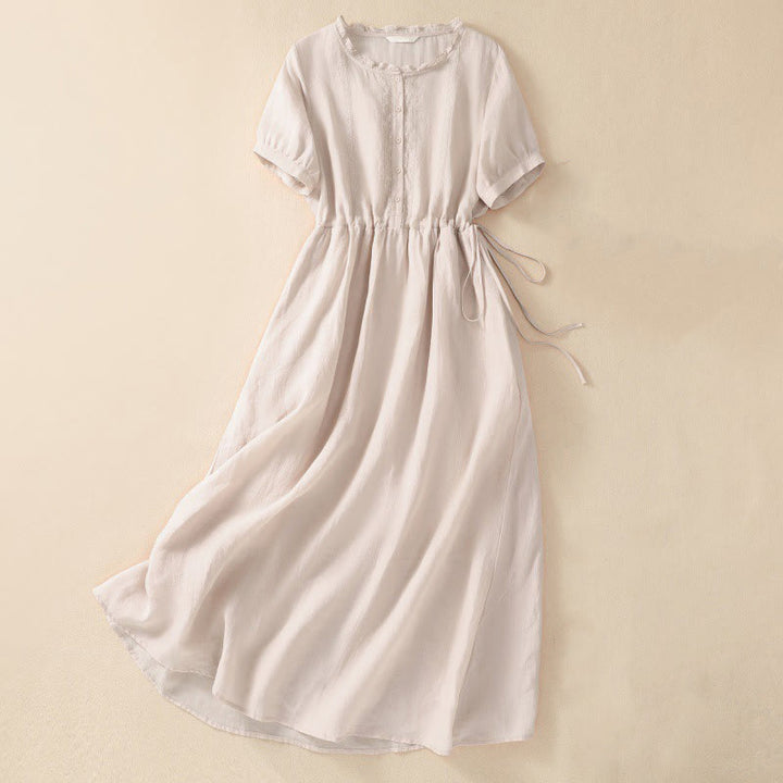 Buddha Stones Summer Daily Ruffle Crew Neck Lace-Up Design Midi Dress With Pockets - Linen - US8-10，UK/AU12-14，EU40-42 (2XL) - image 18