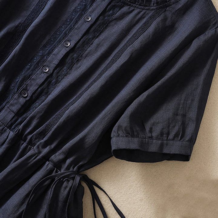 Buddha Stones Summer Daily Ruffle Crew Neck Lace-Up Design Midi Dress With Pockets - image 15