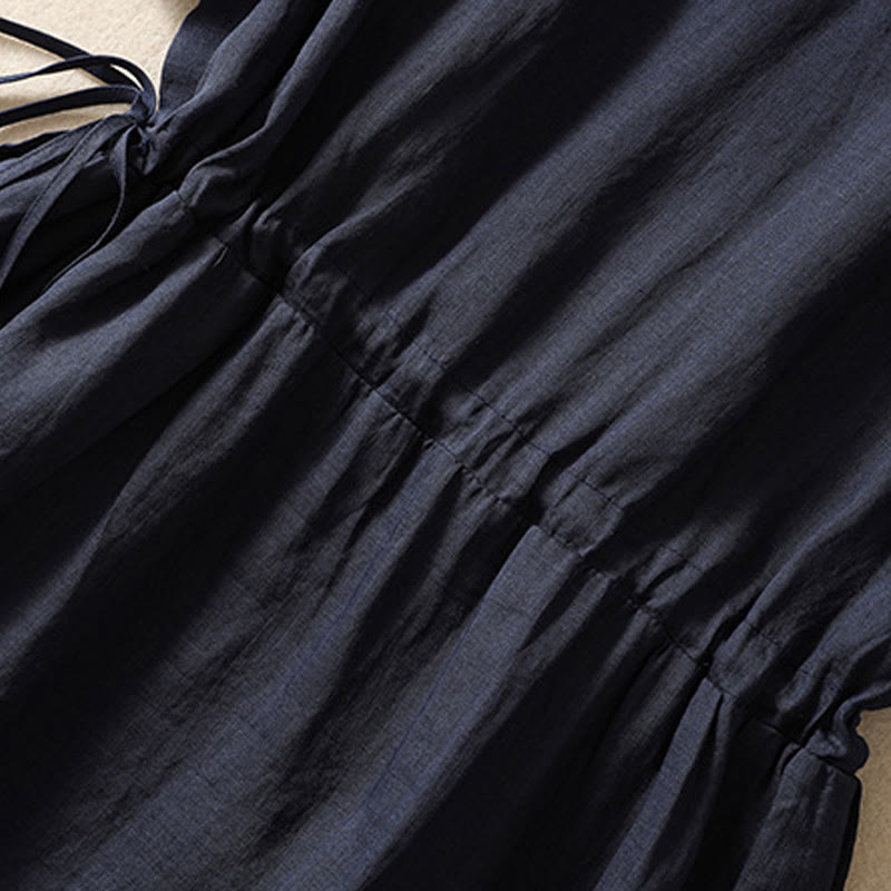 Buddha Stones Summer Daily Ruffle Crew Neck Lace-Up Design Midi Dress With Pockets - image 12