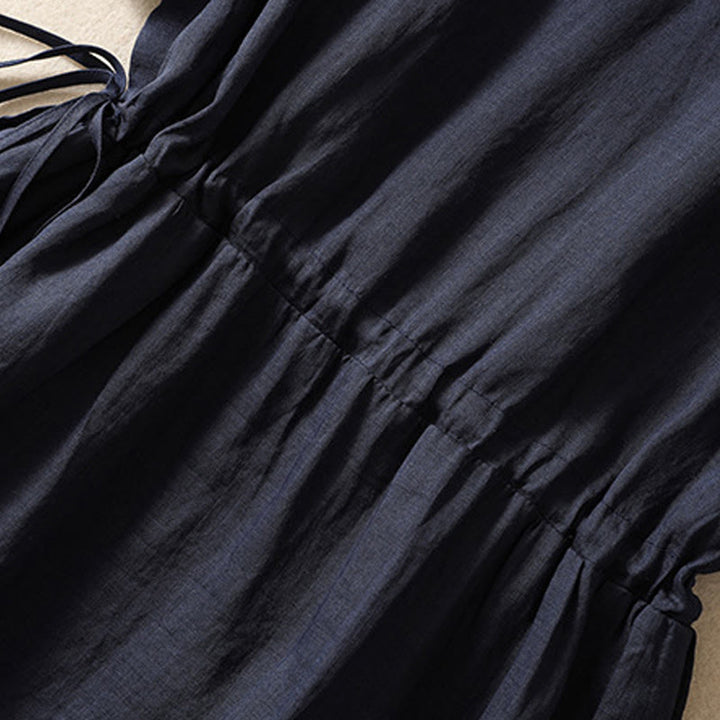 Buddha Stones Summer Daily Ruffle Crew Neck Lace-Up Design Midi Dress With Pockets - image 12