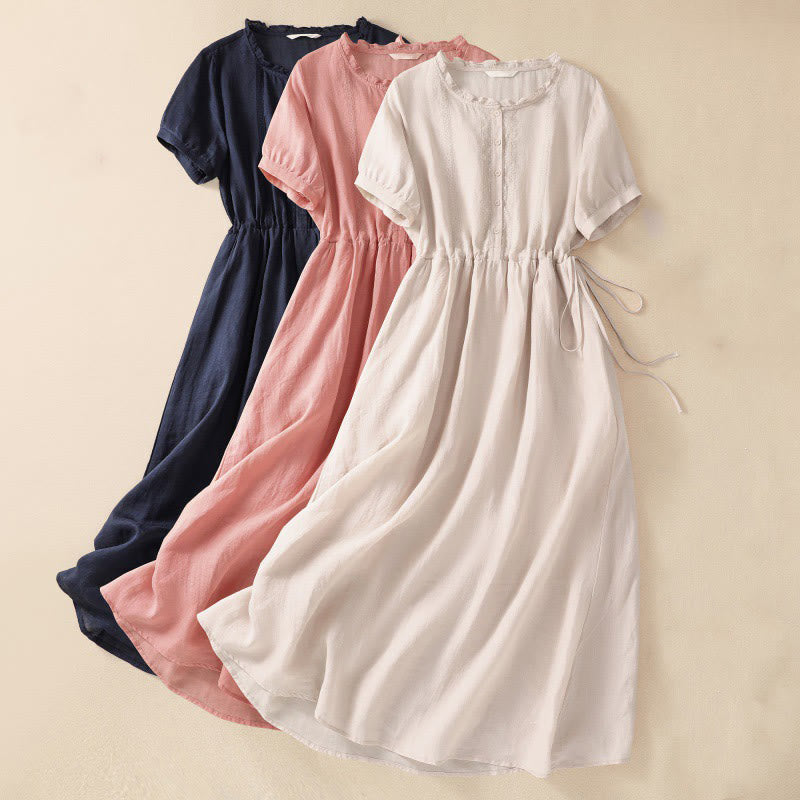 Buddha Stones Summer Daily Ruffle Crew Neck Lace-Up Design Midi Dress With Pockets - image 21