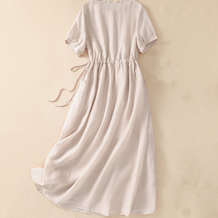 Buddha Stones Summer Daily Ruffle Crew Neck Lace-Up Design Midi Dress With Pockets - image 19