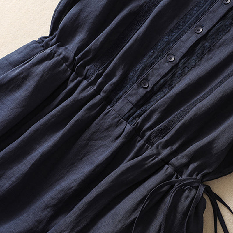 Buddha Stones Summer Daily Ruffle Crew Neck Lace-Up Design Midi Dress With Pockets - image 14