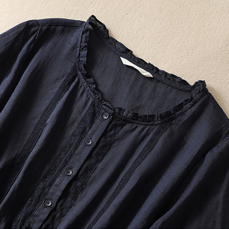 Buddha Stones Summer Daily Ruffle Crew Neck Lace-Up Design Midi Dress With Pockets - image 11