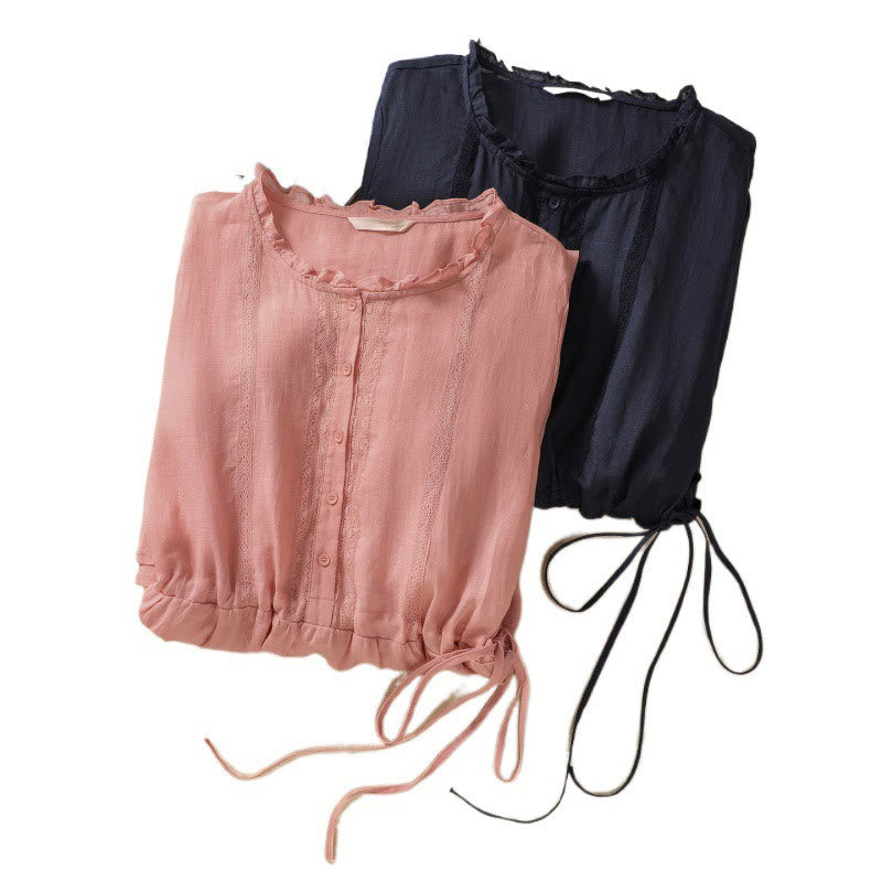 Buddha Stones Summer Daily Ruffle Crew Neck Lace-Up Design Midi Dress With Pockets - image 22