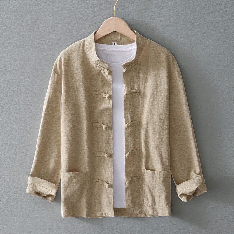 Buddha Stones Frog-Button Chinese Tang Suit Cotton Linen Men Jacket Shirt With Pockets - Beige - US/UK/AU50，EU60 (5XL) - image 24
