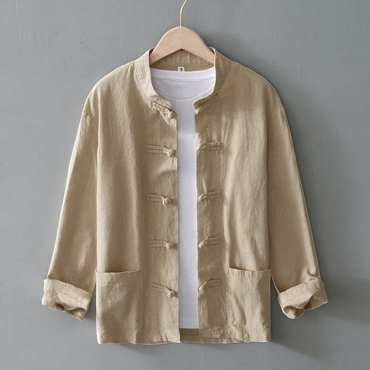 Buddha Stones Frog-Button Chinese Tang Suit Cotton Linen Men Jacket Shirt With Pockets - Beige - US/UK/AU50，EU60 (5XL) - image 24