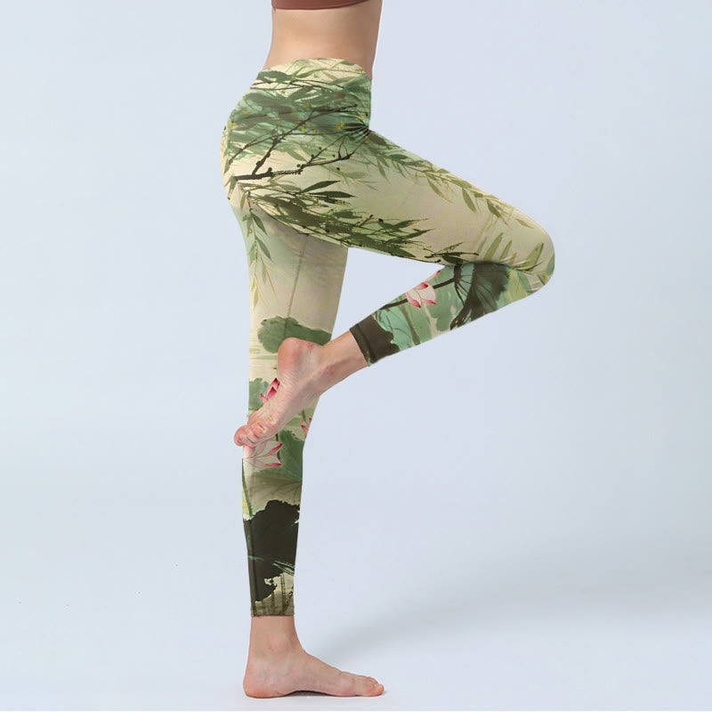 Buddha Stones Pink Lotus Flower Lotus Leaves Willow Branch Pattern Print Gym Leggings Women's Yoga Pants - image 4