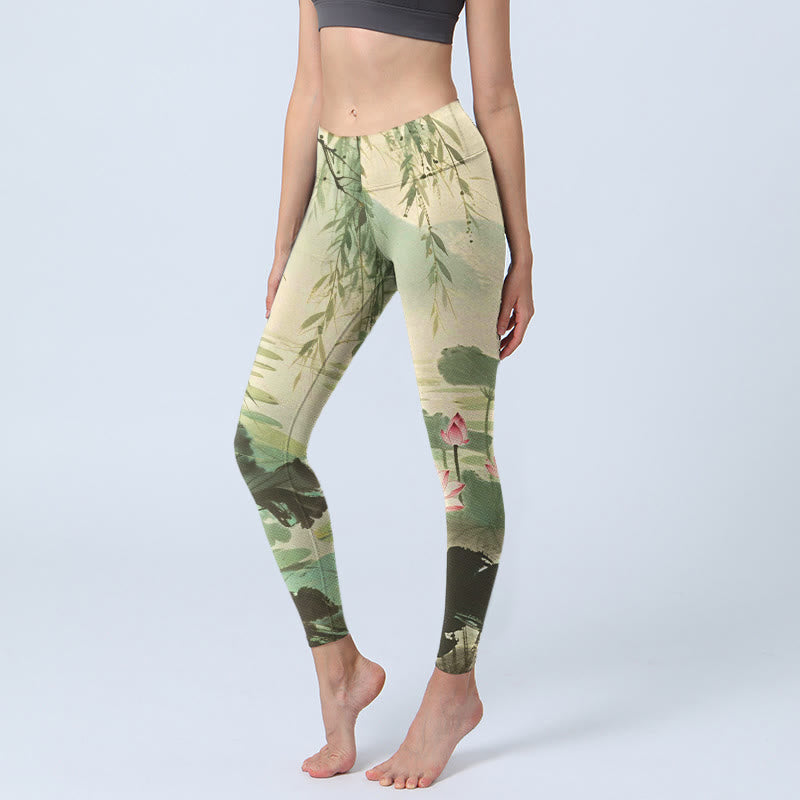 Buddha Stones Pink Lotus Flower Lotus Leaves Willow Branch Pattern Print Gym Leggings Women's Yoga Pants - SeaGreen - US18，UK/AU22，EU50 (4XL) - image 1