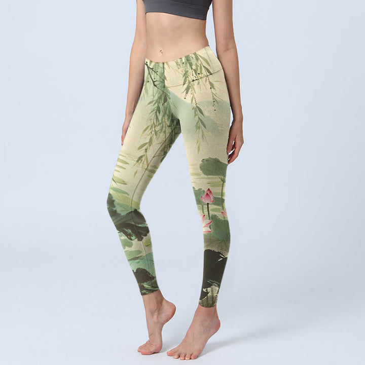 Buddha Stones Pink Lotus Flower Lotus Leaves Willow Branch Pattern Print Gym Leggings Women's Yoga Pants - SeaGreen - US18，UK/AU22，EU50 (4XL) - image 1