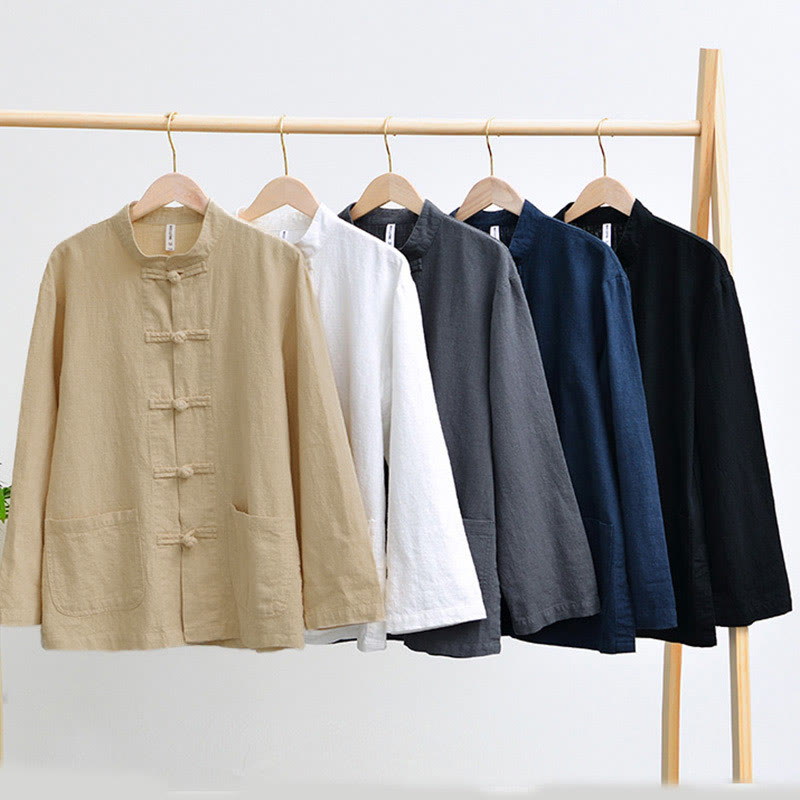 Buddha Stones Frog-Button Chinese Tang Suit Cotton Linen Men Jacket Shirt With Pockets - image 1