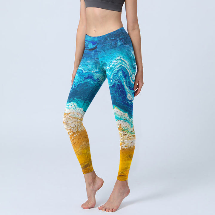 Buddha Stones Ocean Wave Golden Shore Pattern Print Gym Leggings Women's Yoga Pants - MediumBlue - US18，UK/AU22，EU50 (4XL) - image 1