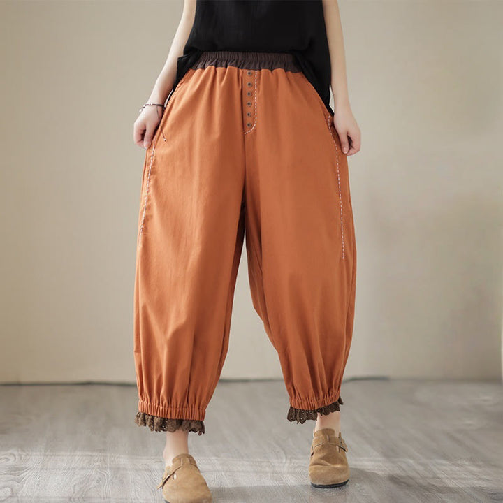 Buddha Stones Casual Spring Solid Color Patchwork Design Women's Cotton Linen Elastic Waistband Harem Pants With Pockets - Chocolate - US8-10，UK/AU12-14，EU40-42 (2XL) - image 7