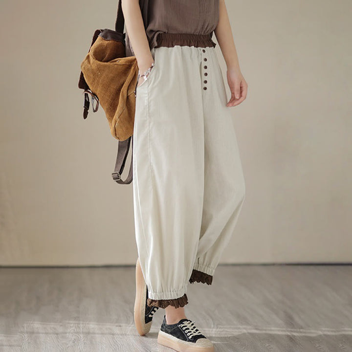 Buddha Stones Casual Spring Solid Color Patchwork Design Women's Cotton Linen Elastic Waistband Harem Pants With Pockets - image 3