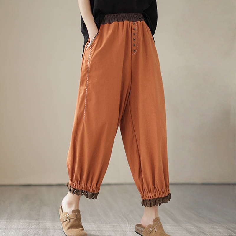 Buddha Stones Casual Spring Solid Color Patchwork Design Women's Cotton Linen Elastic Waistband Harem Pants With Pockets - image 9