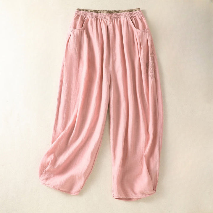 Buddha Stones Casual Embroidery Women's Cotton Linen 7-8 Length Harem Pants With Pockets - LightPink - US8-10，UK/AU12-14，EU40-42 (2XL) - image 16