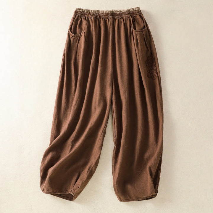 Buddha Stones Casual Embroidery Women's Cotton Linen 7-8 Length Harem Pants With Pockets - Sienna - US8-10，UK/AU12-14，EU40-42 (2XL) - image 23