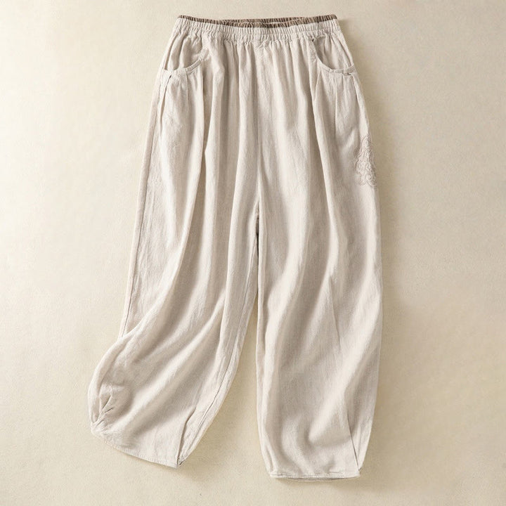 Buddha Stones Casual Embroidery Women's Cotton Linen 7-8 Length Harem Pants With Pockets - Linen - US8-10，UK/AU12-14，EU40-42 (2XL) - image 6