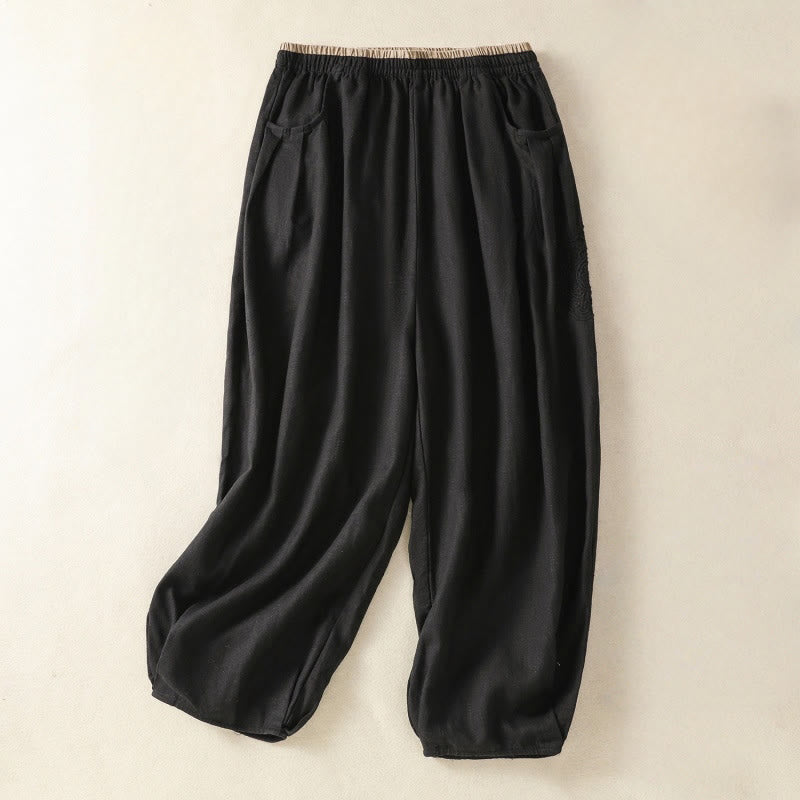 Buddha Stones Casual Embroidery Women's Cotton Linen 7-8 Length Harem Pants With Pockets - Black - US8-10，UK/AU12-14，EU40-42 (2XL) - image 29