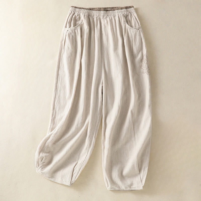 Buddha Stones Casual Embroidery Women's Cotton Linen 7-8 Length Harem Pants With Pockets - Linen - US8-10，UK/AU12-14，EU40-42 (2XL) - image 6