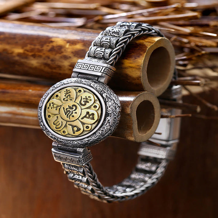 Buddha Stones Tibetan Copper Buckle Om Mani Padme Hum Turntable Rotatable Peace Metal Bracelet