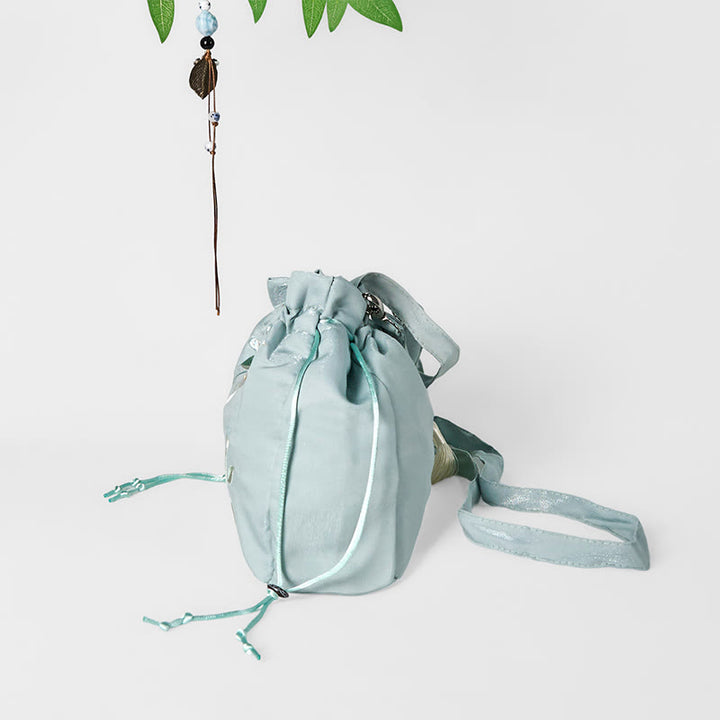 Buddha Stones Embroidered Green Flower Blossom Leaves Canvas Tote Crossbody Bag Shoulder Bag Handbag