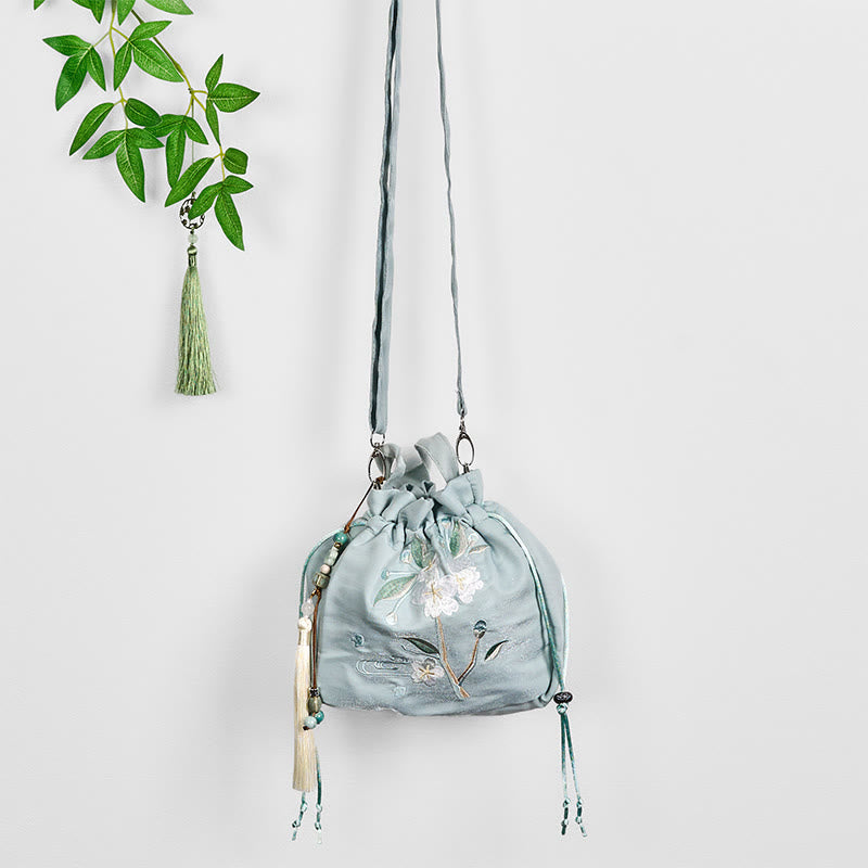 Buddha Stones Embroidered Green Flower Blossom Leaves Canvas Tote Crossbody Bag Shoulder Bag Handbag
