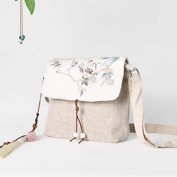 Buddha Stones Handmade Magnolia Embroidered Large Capacity Polyester Canvas Backpack