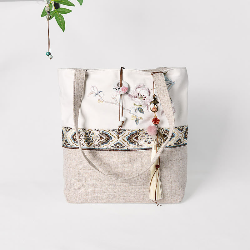Buddha Stones Magnolia Embroidery Canvas Polyester Shoulder Bag