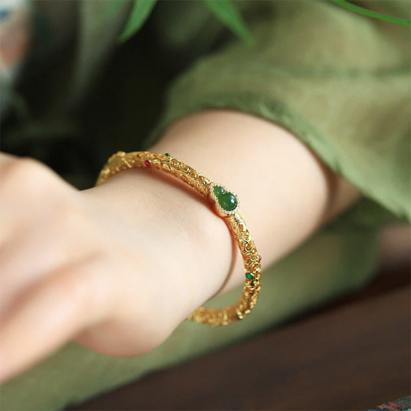 Buddha Stones Cyan Jade Copper Plated Gold Auspicious Clouds Gourd Luck Bracelet Bangle - image 5
