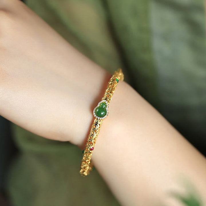 Buddha Stones Cyan Jade Copper Plated Gold Auspicious Clouds Gourd Luck Bracelet Bangle - image 10