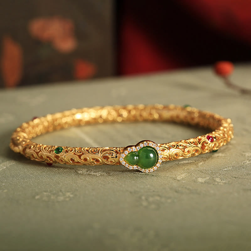 Buddha Stones Cyan Jade Copper Plated Gold Auspicious Clouds Gourd Luck Bracelet Bangle - image 2