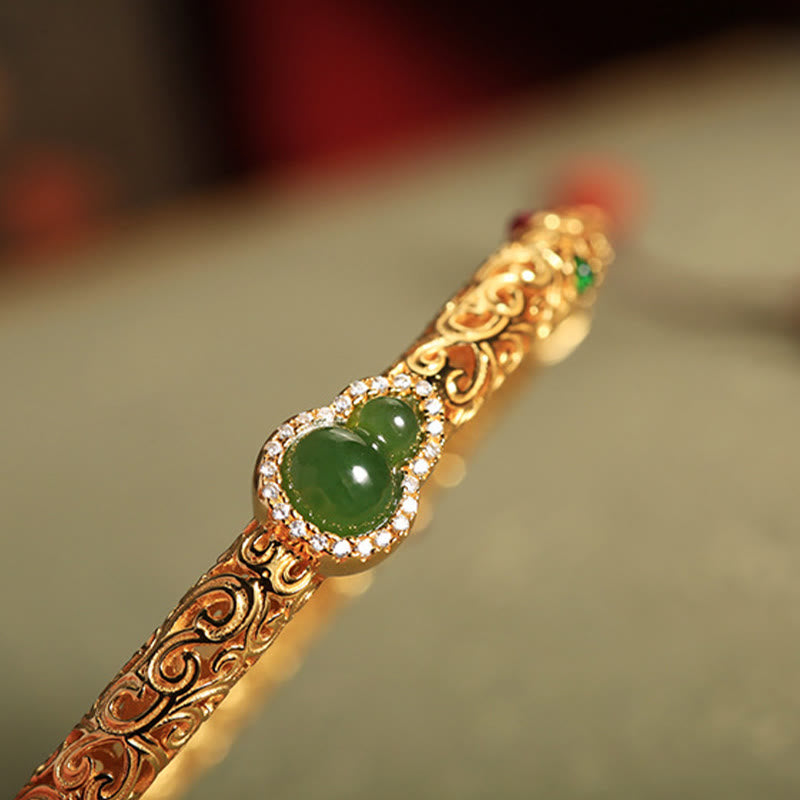 Buddha Stones Cyan Jade Copper Plated Gold Auspicious Clouds Gourd Luck Bracelet Bangle - image 12