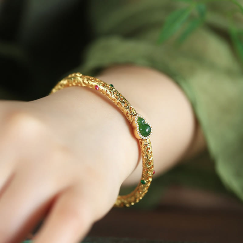 Buddha Stones Cyan Jade Copper Plated Gold Auspicious Clouds Gourd Luck Bracelet Bangle - image 9