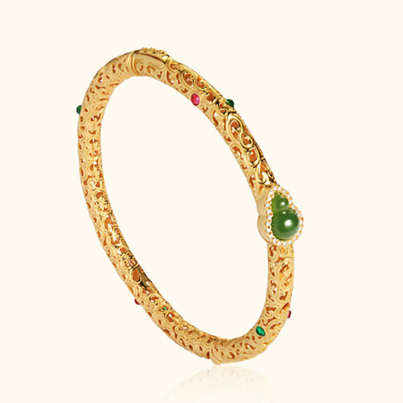 Buddha Stones Cyan Jade Copper Plated Gold Auspicious Clouds Gourd Luck Bracelet Bangle - image 15