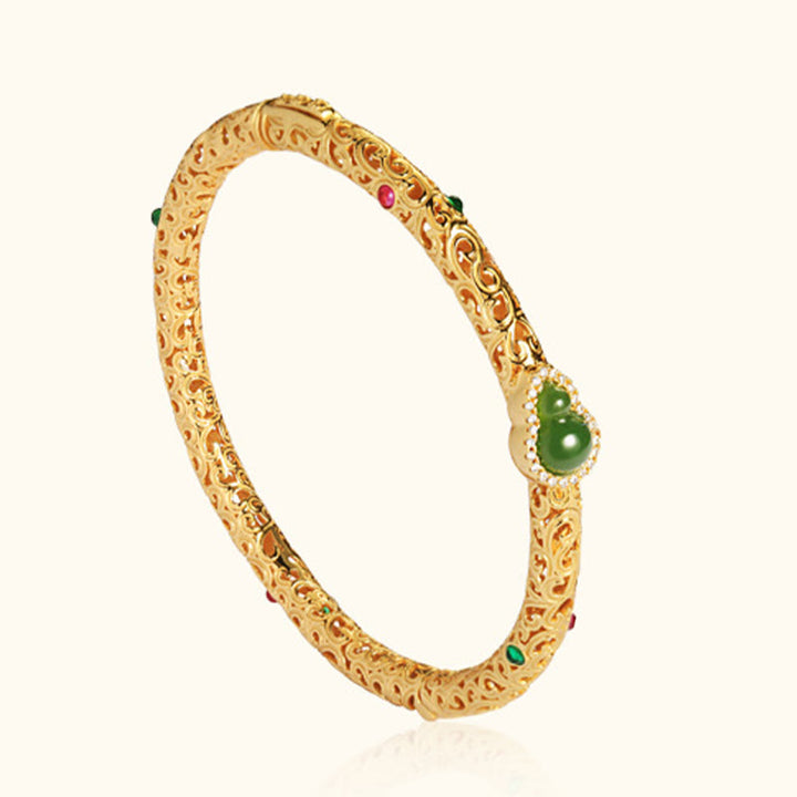 Buddha Stones Cyan Jade Copper Plated Gold Auspicious Clouds Gourd Luck Bracelet Bangle - image 15